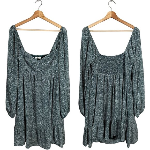 Abercrombie & Fitch Floral Smocked Ruffle Mini Dress Women's Large Tall LT Green - Picture 1 of 11
